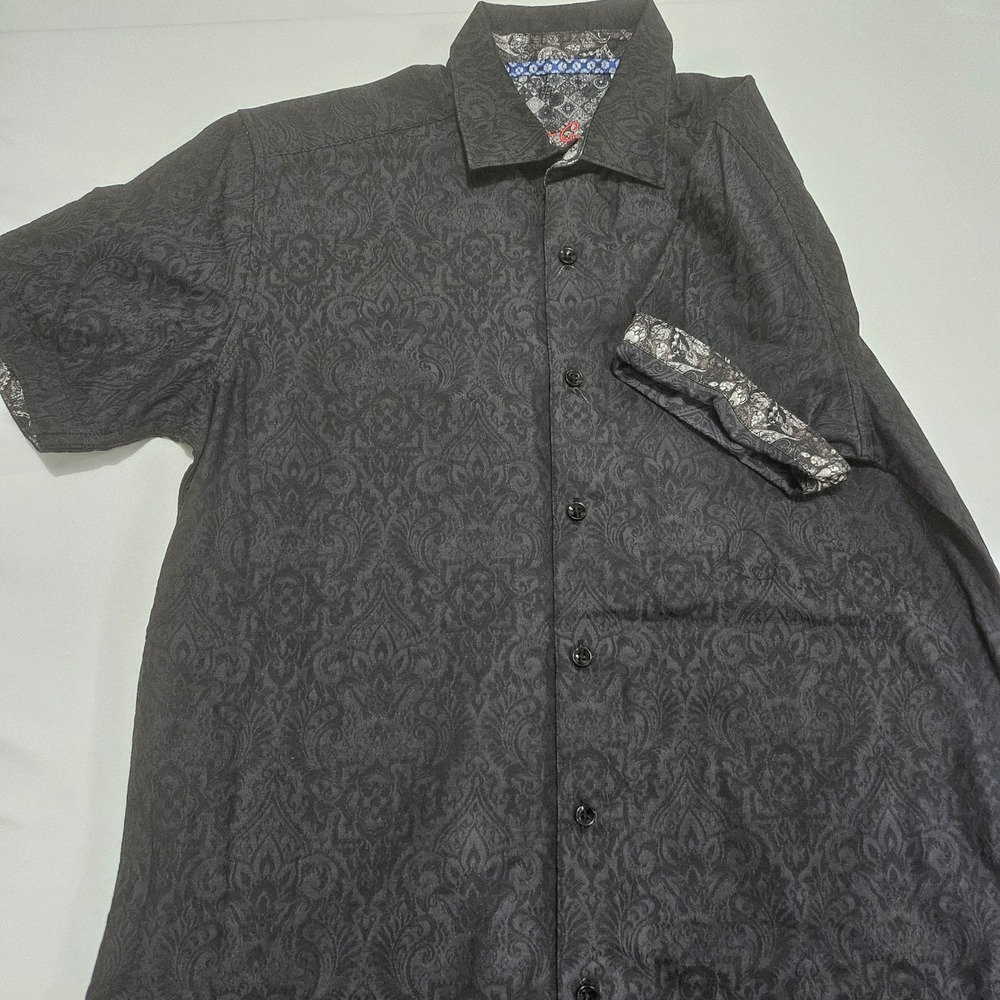 Robert Graham Mens Black Damask Jacquard Short Sleeve Button Down Shirt Small